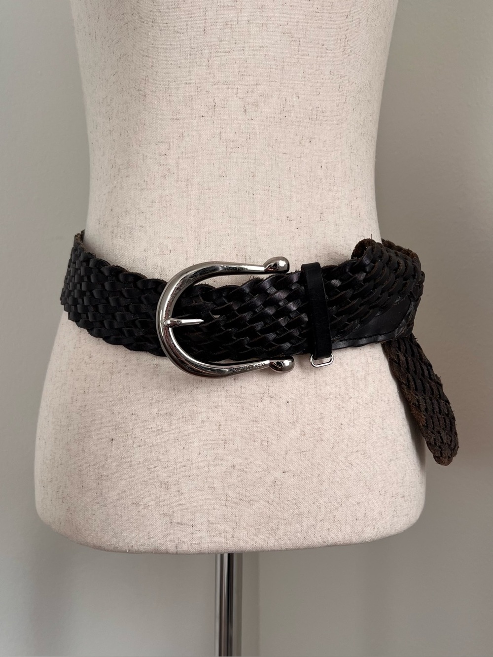 Michael Kors Dark Brown woven braided leather belt with a silver-tone buckle